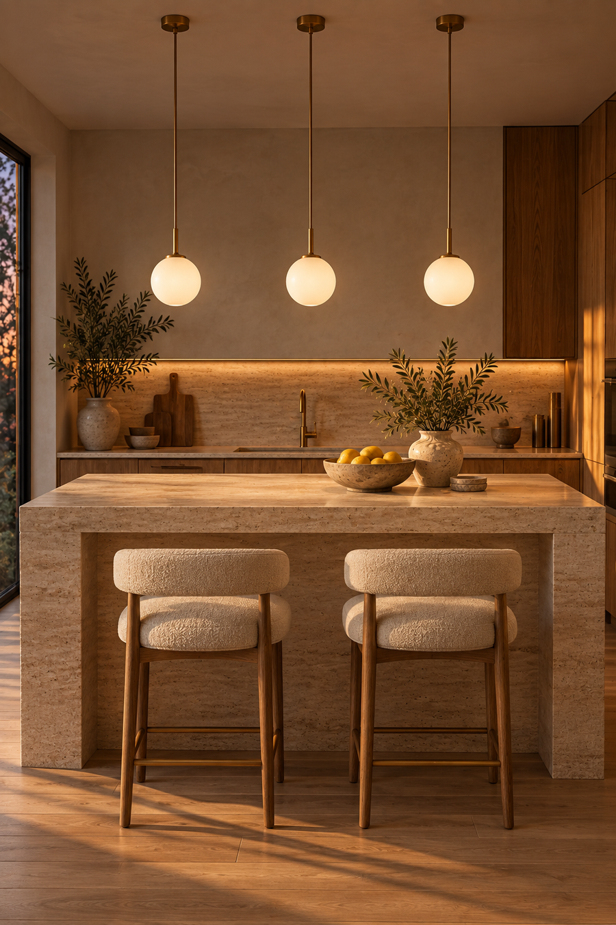Three pendant lights above a kitchen island