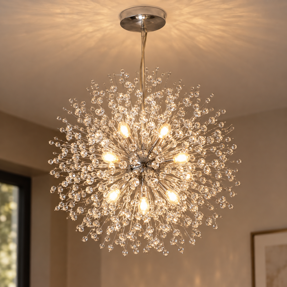 Crystal sputnik chandelier in a living room