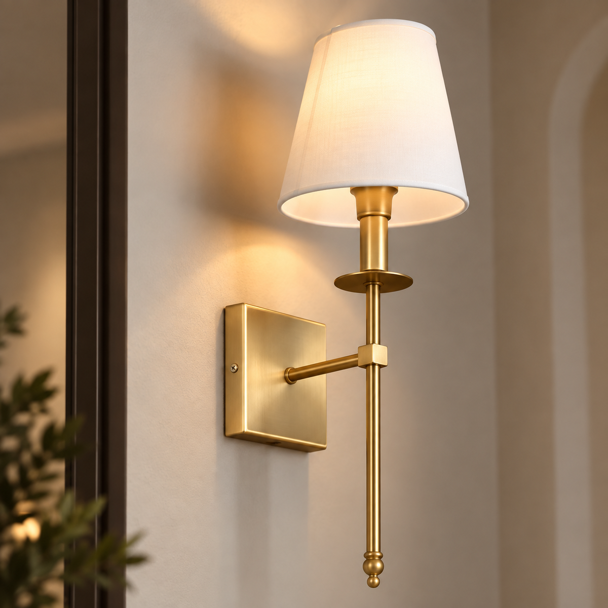 Classic gold wall light with a white fabric shade