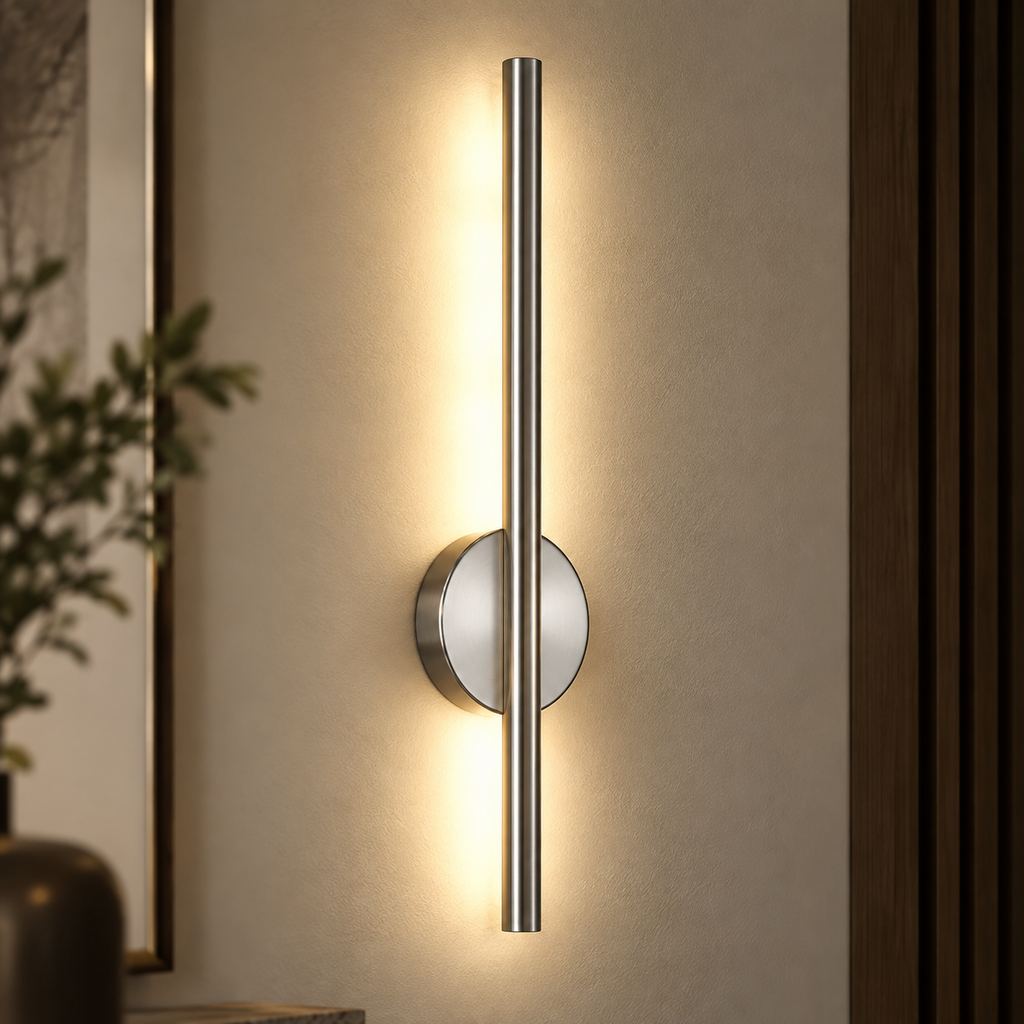 Orla rechargeable rotating LED wall light in brushed silver, lit on a wall