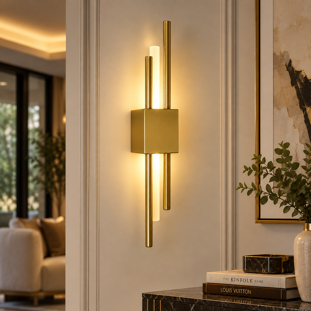 Lyra gold LED wall light in a living room