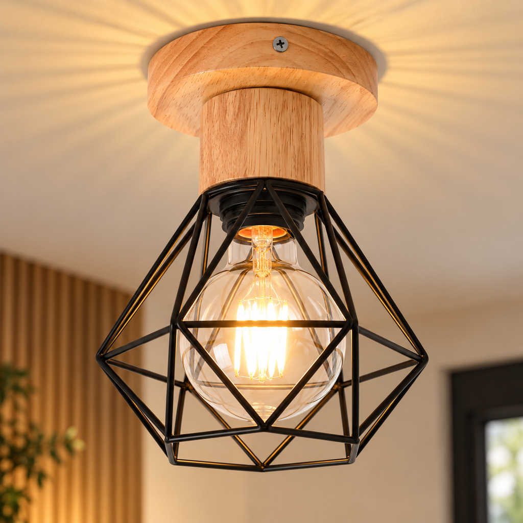 Close-up of the Ferro wood base and black metal cage with an Edison bulb