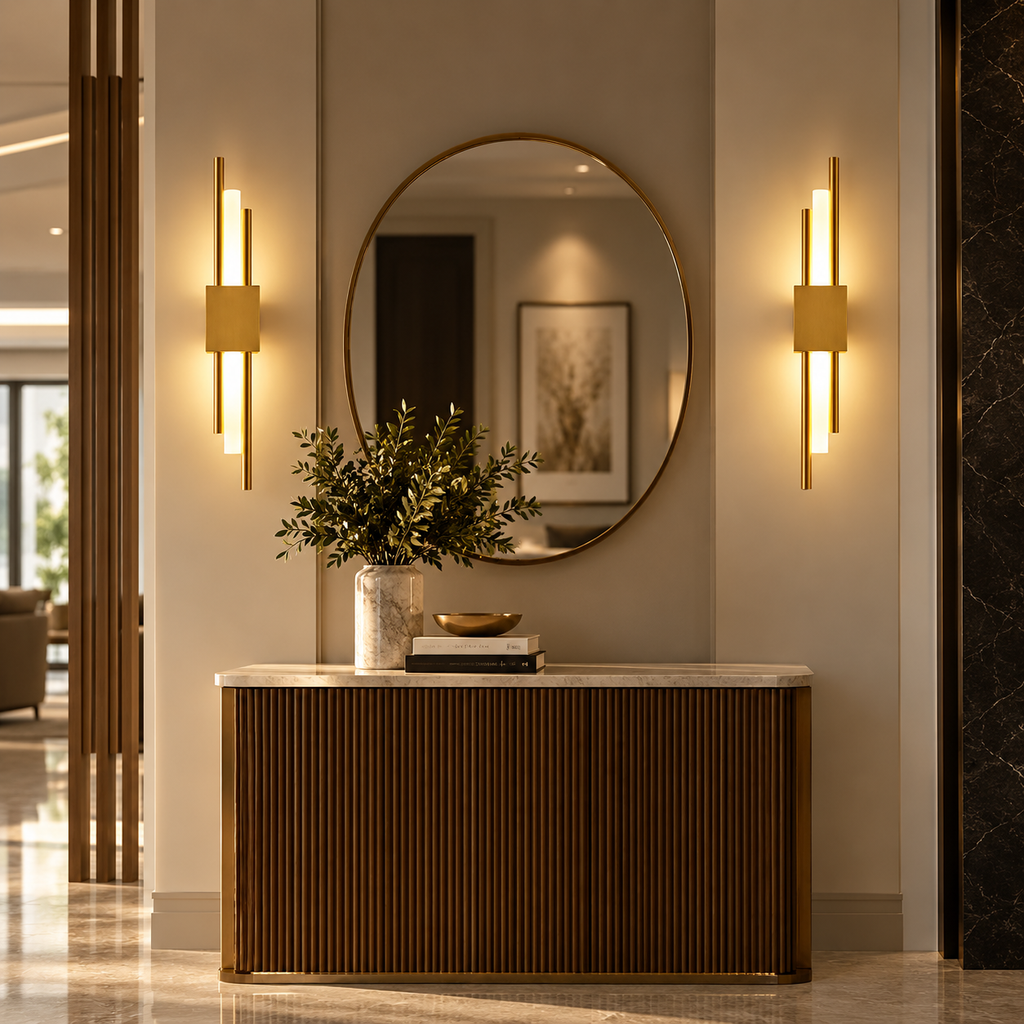 Pair of Lyra gold wall lights in a hallway with a round mirror