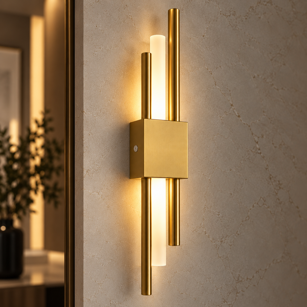 Lyra gold rechargeable LED wall light lit on a wall