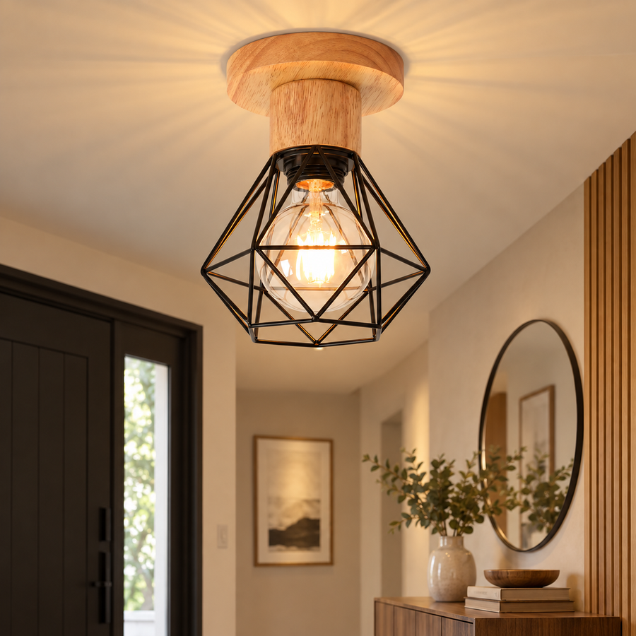 Black Cage Ceiling Light with Wood Base, Industrial – Ferro