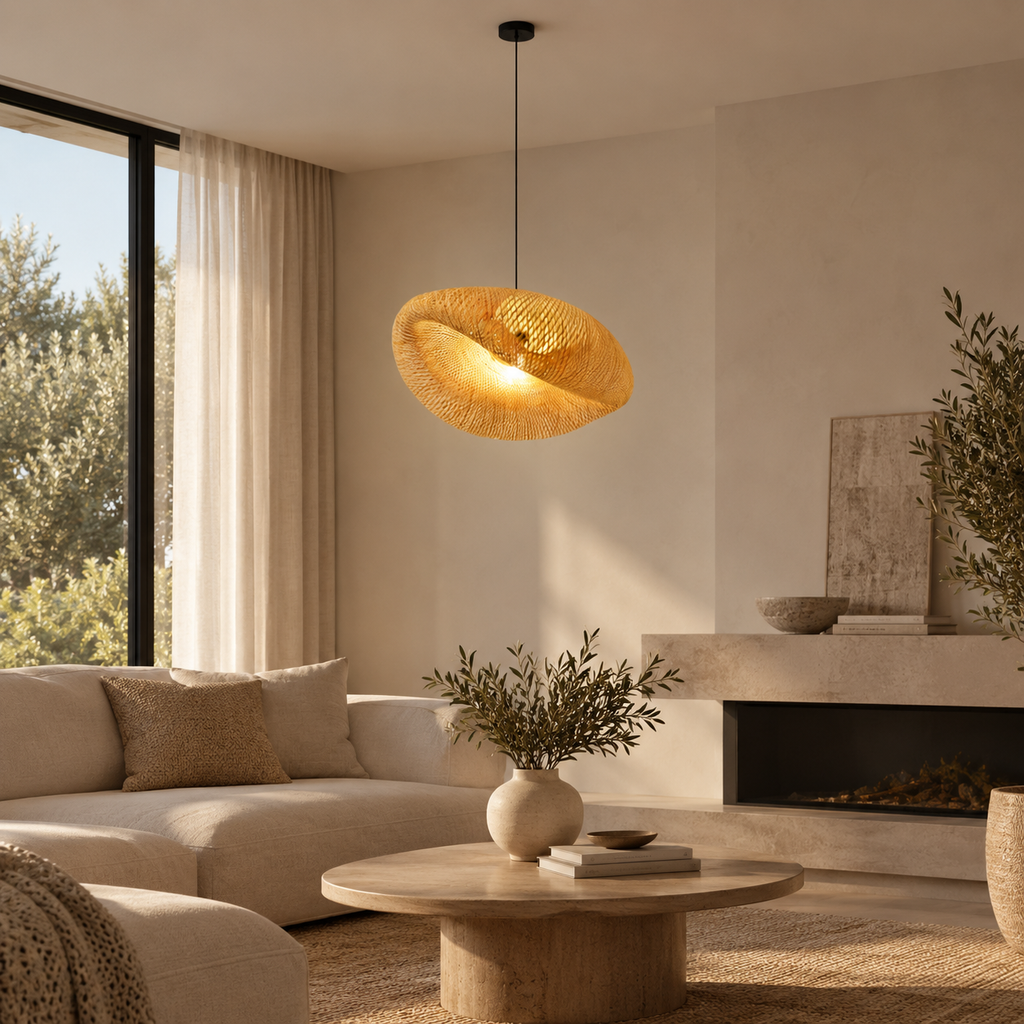 Avelora woven bamboo pendant light in a living room