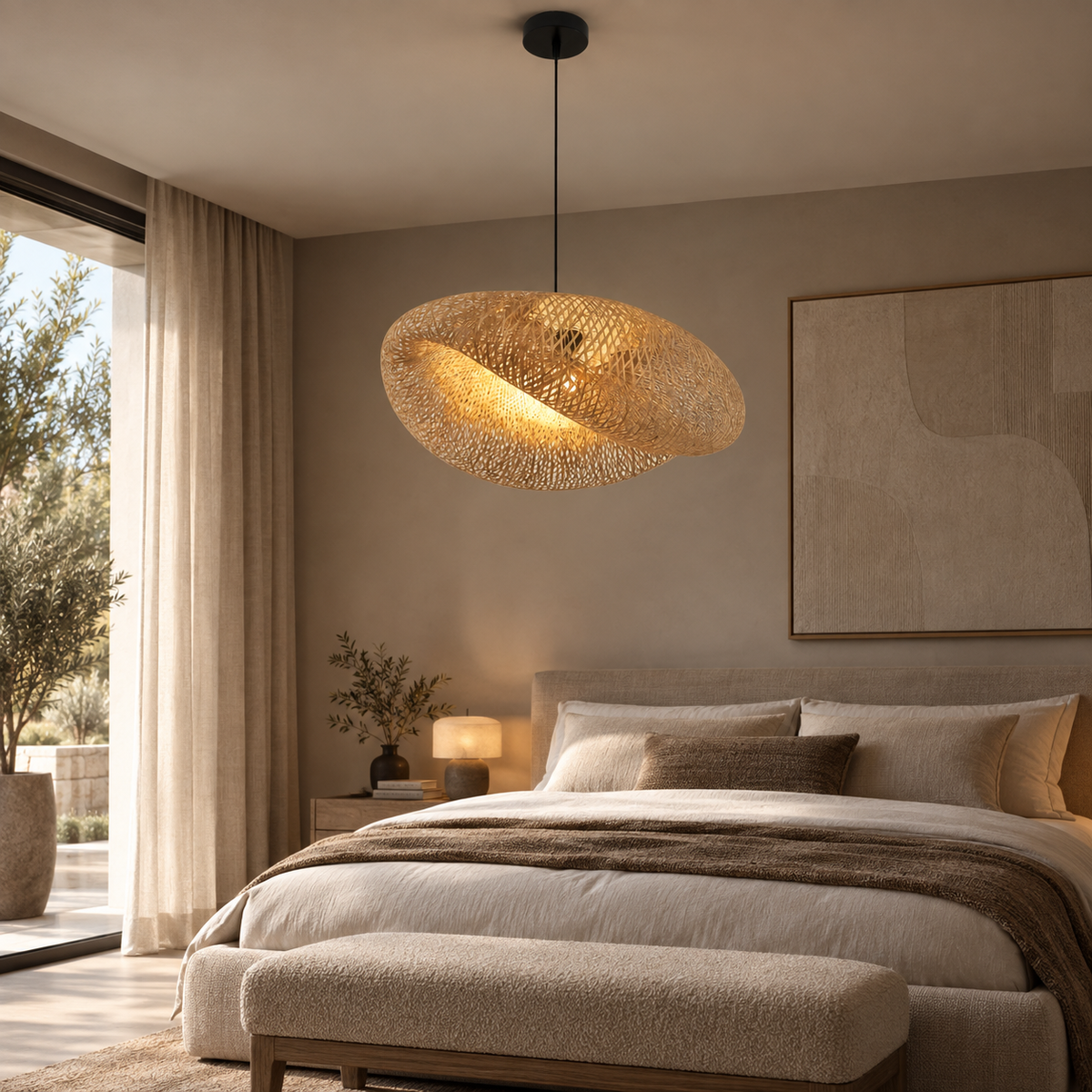 Avelora woven bamboo pendant light above a bed