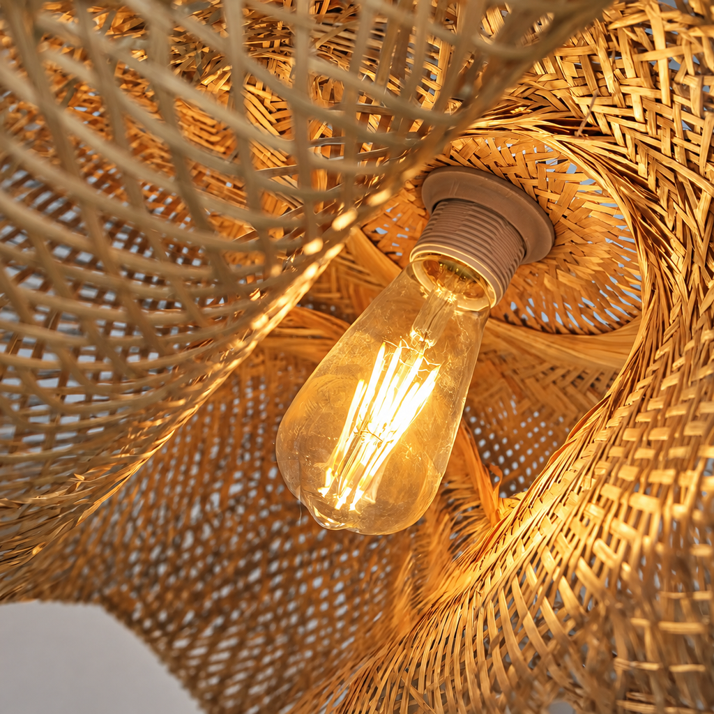Inside view of the Avelora woven bamboo shade and bulb