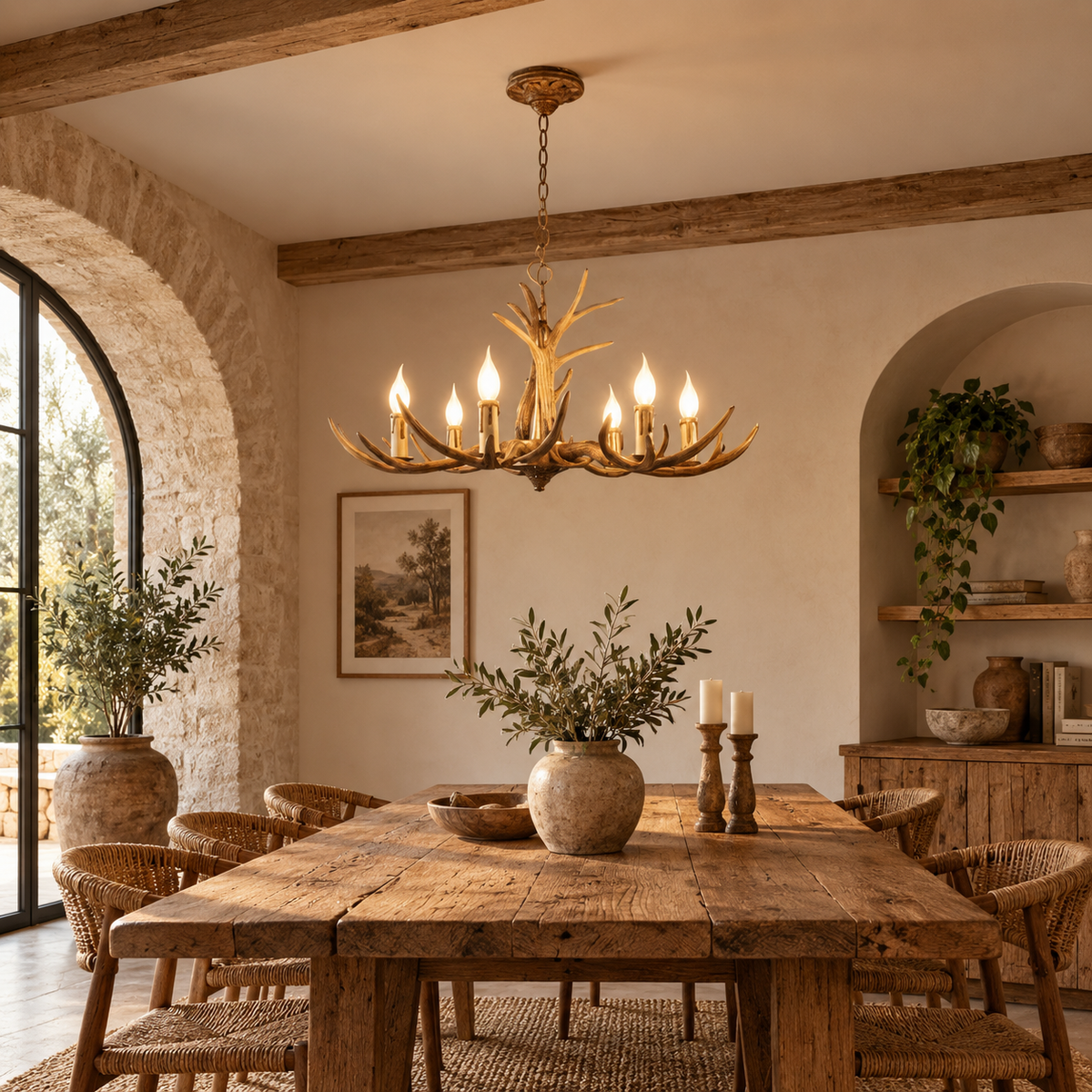 Cervara 6-light antler chandelier over a rustic dining table