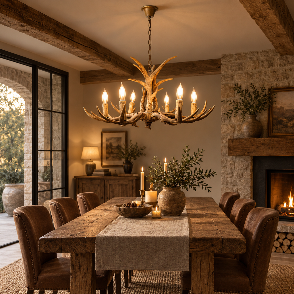 Cervara antler chandelier in a dining room