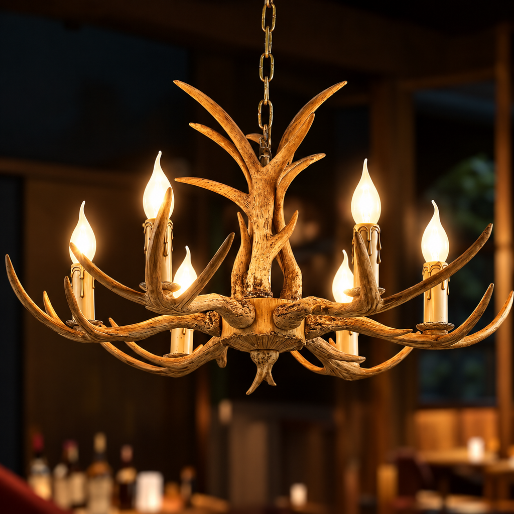 Cervara antler chandelier lit at night