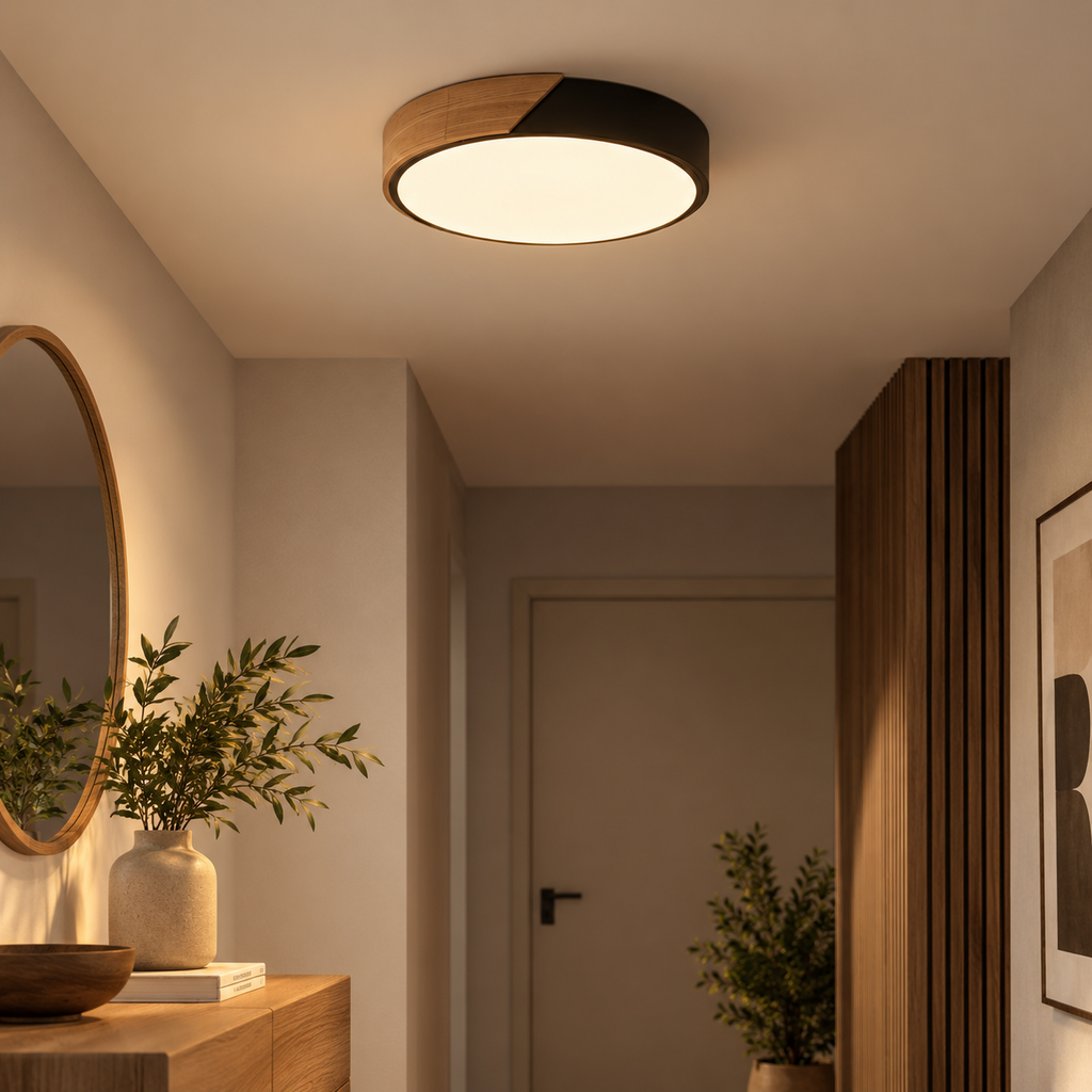 Nero wood and black round LED ceiling light in a hallway