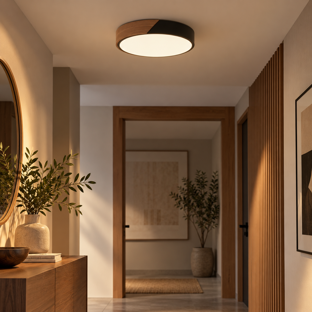 Nero wood and black round LED ceiling light in an entrance hall
