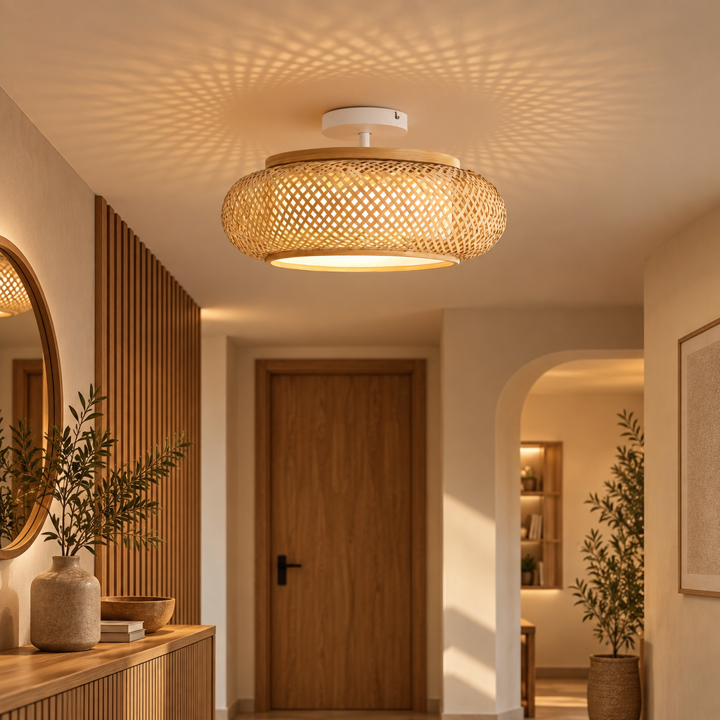 Kora handwoven bamboo ceiling light in an entrance hall