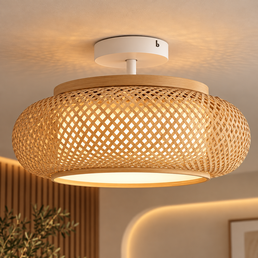 Kora handwoven bamboo ceiling light switched on