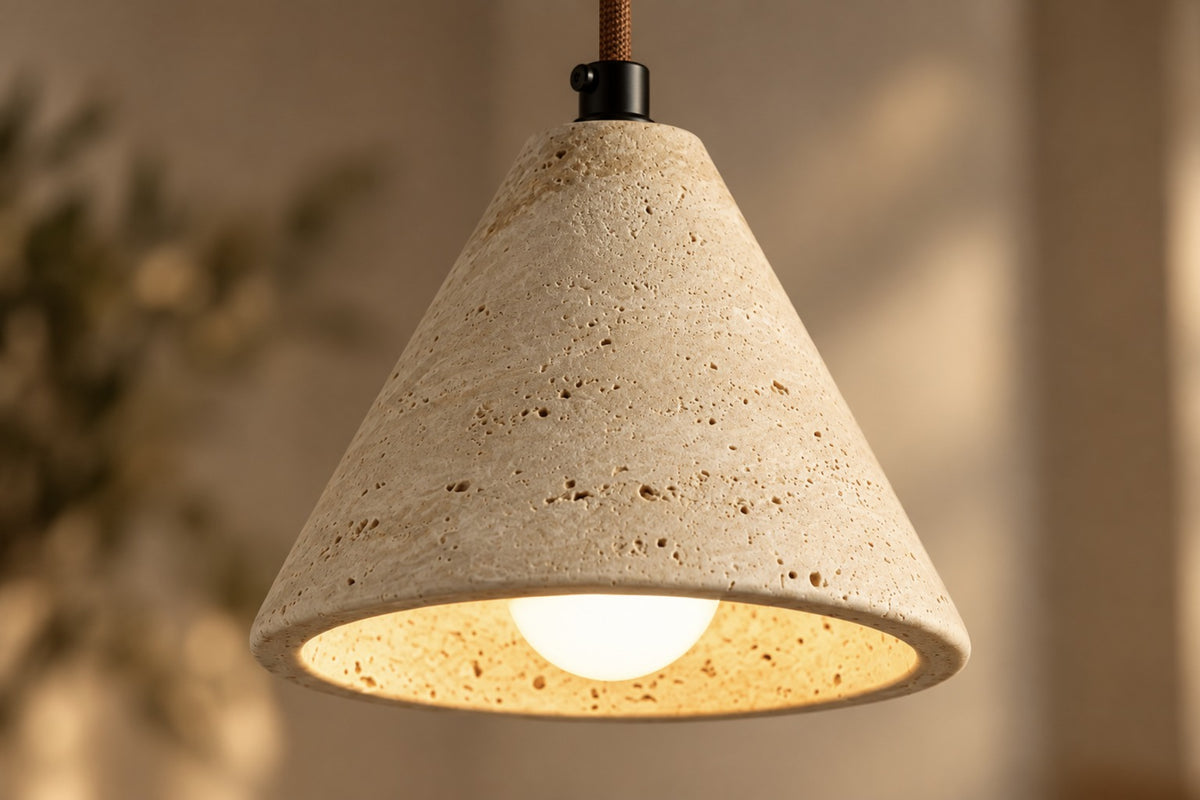 Close-up of the Ambra yellow travertine cone pendant, lit, showing the natural stone pores
