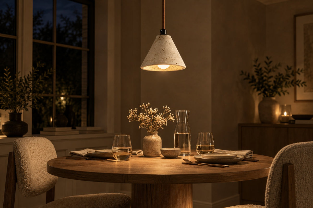 Ambra travertine pendant glowing over a round oak dining table at night