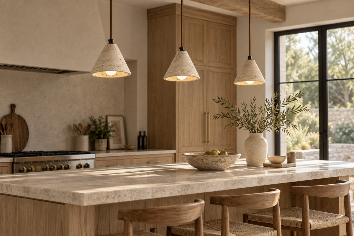 Three Ambra travertine cone pendants above an oak kitchen island
