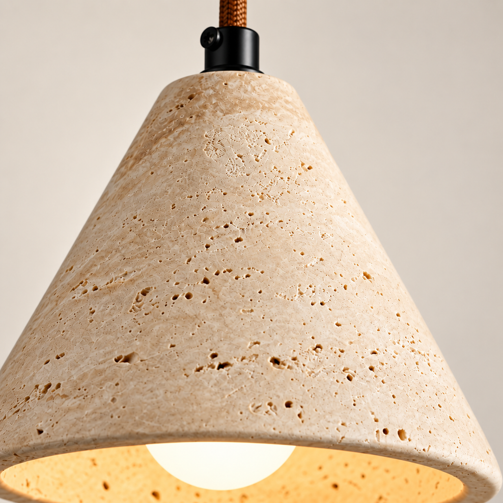 Close-up of the Ambra yellow travertine cone and its natural pores