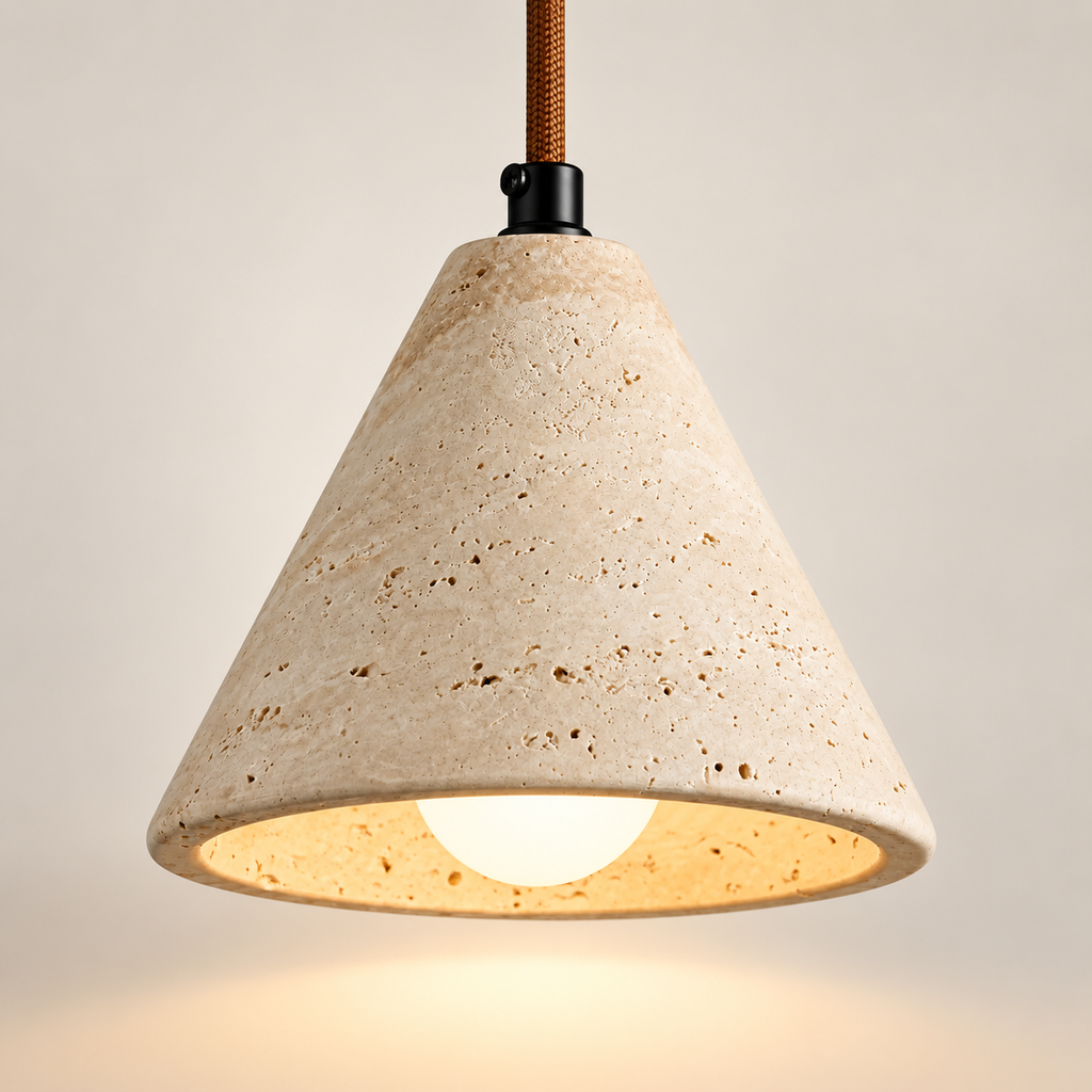Ambra yellow travertine cone pendant light, lit, on a greige studio background