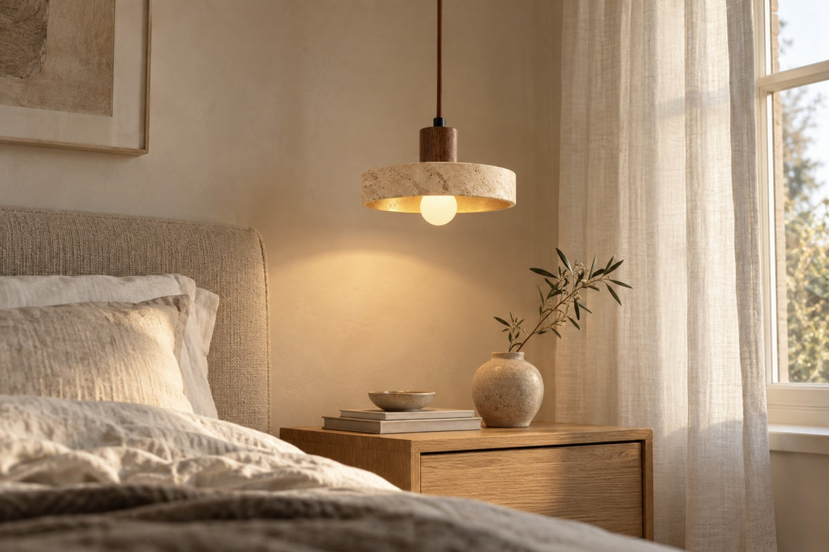 Anela travertine and walnut pendant hanging beside a bed in a Japandi bedroom