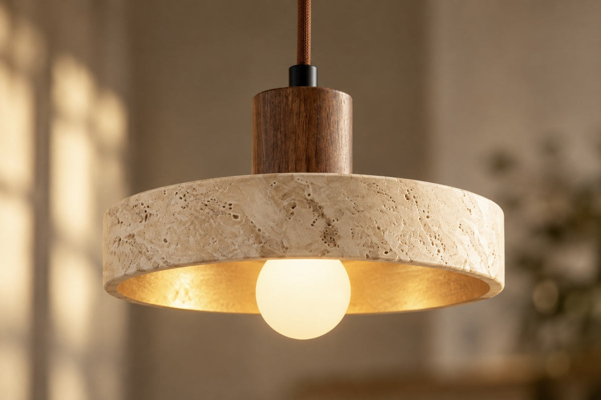 Close-up of the Anela travertine ring shade and walnut stem, lit