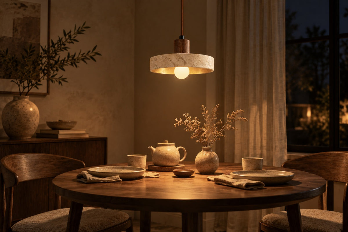 Anela pendant glowing above a round walnut dining table at night