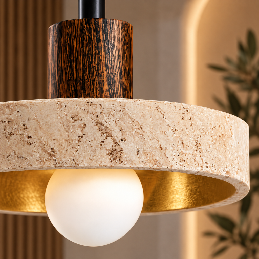 Close-up of the Anela travertine shade and walnut stem