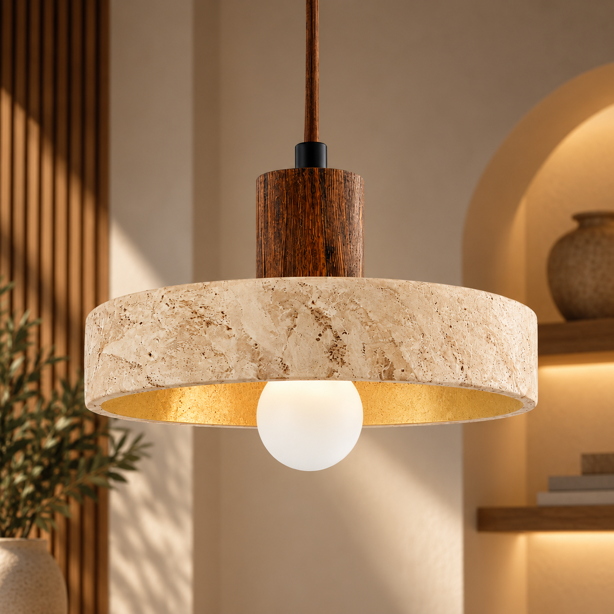 Anela travertine ring pendant light switched on