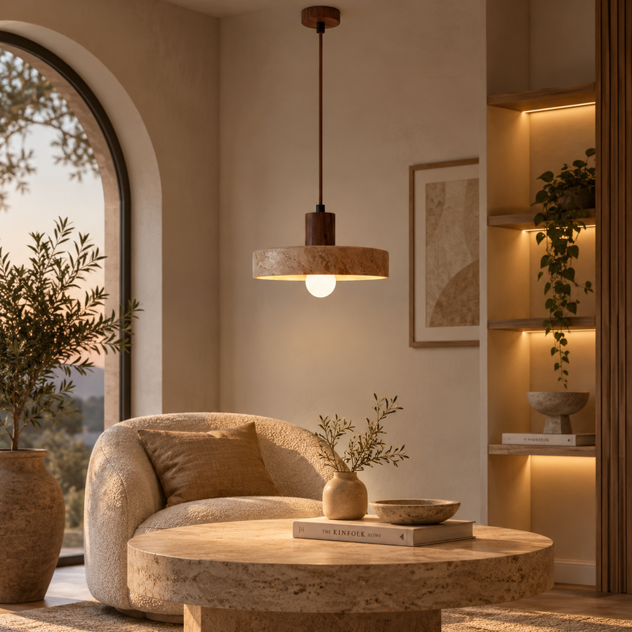 Travertine & Walnut Ring Pendant Light, Japandi – Anela