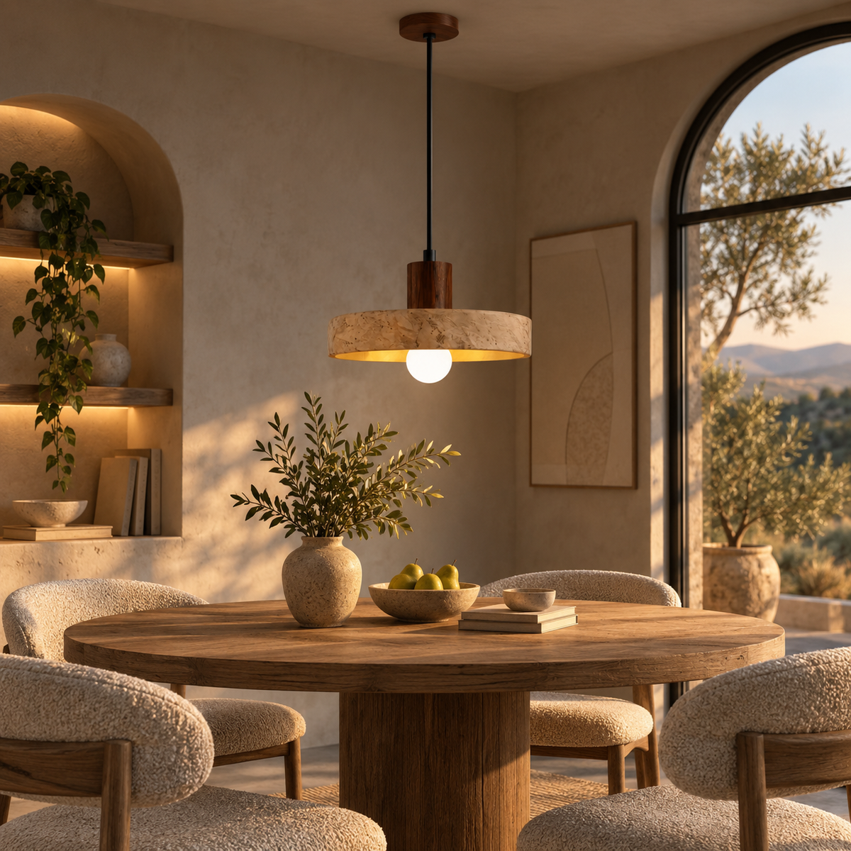 Anela travertine and walnut ring pendant light over a round dining table