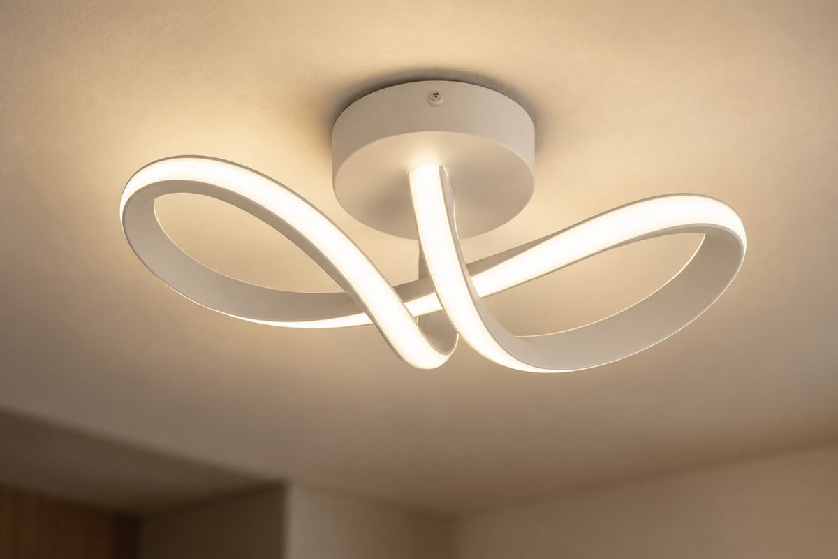 Close-up of the Arca white ribbon LED ceiling light, switched on