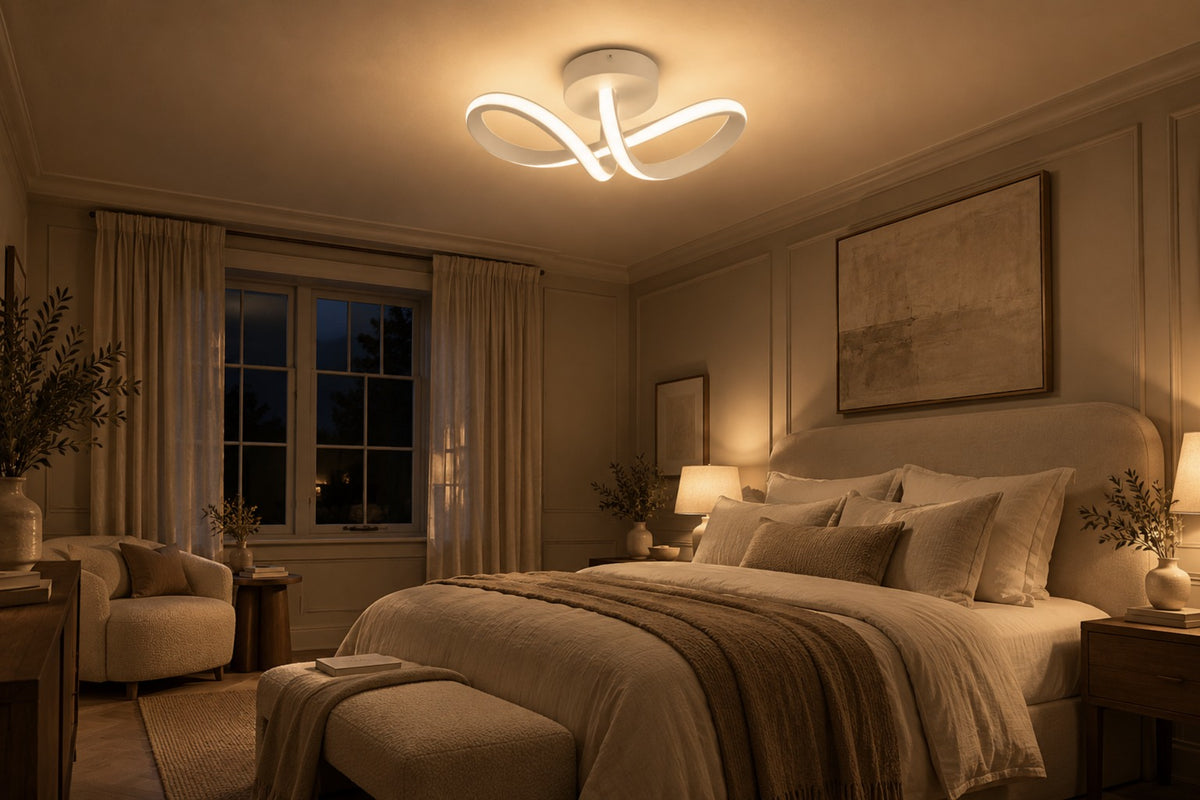 Arca curved LED ceiling light glowing warm white in a bedroom at night