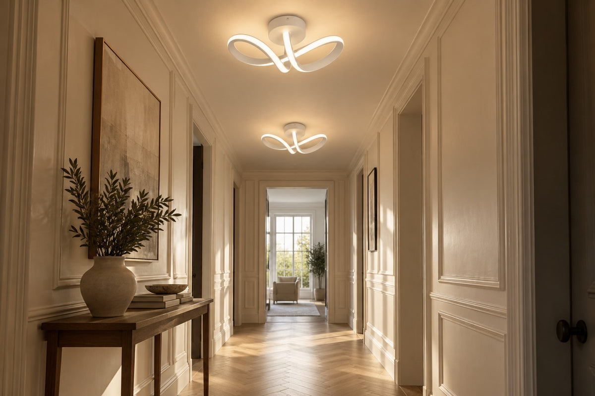 Two Arca curved LED ceiling lights along a panelled hallway