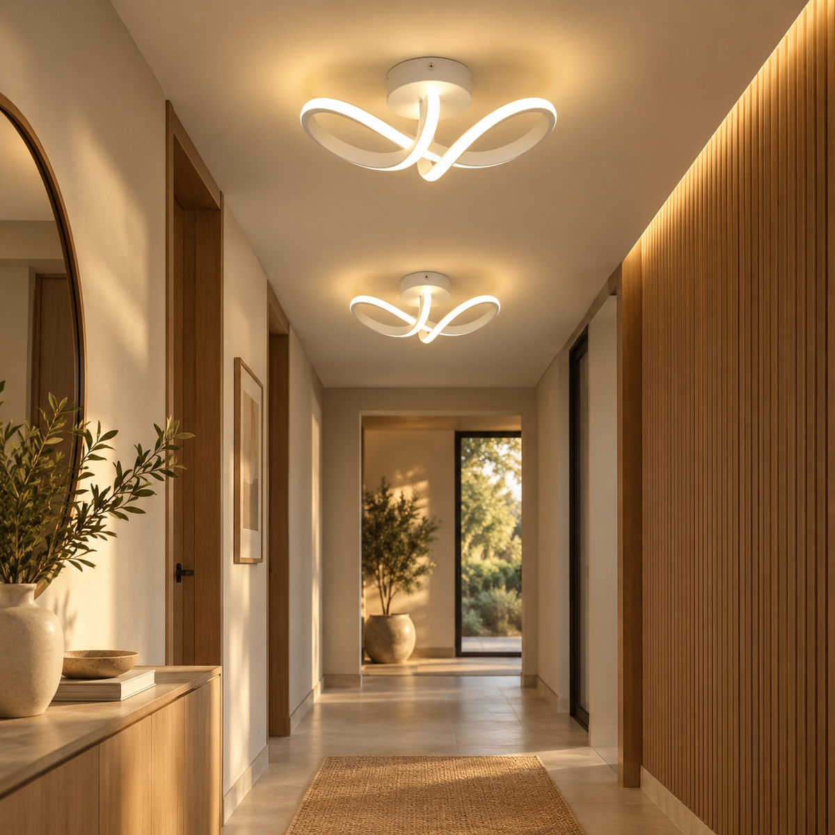 Arca curved LED ceiling lights along a hallway