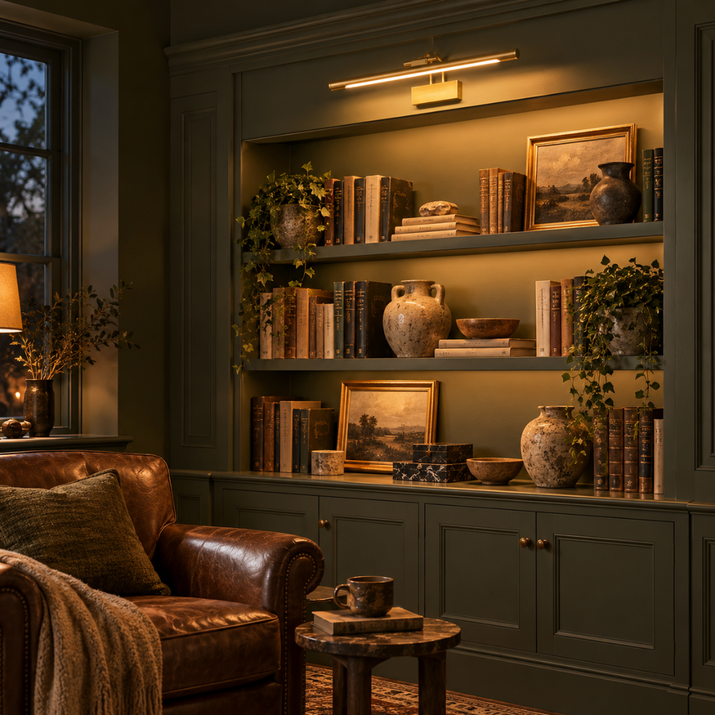 Arden gold picture light illuminating a built-in bookshelf in a cosy study