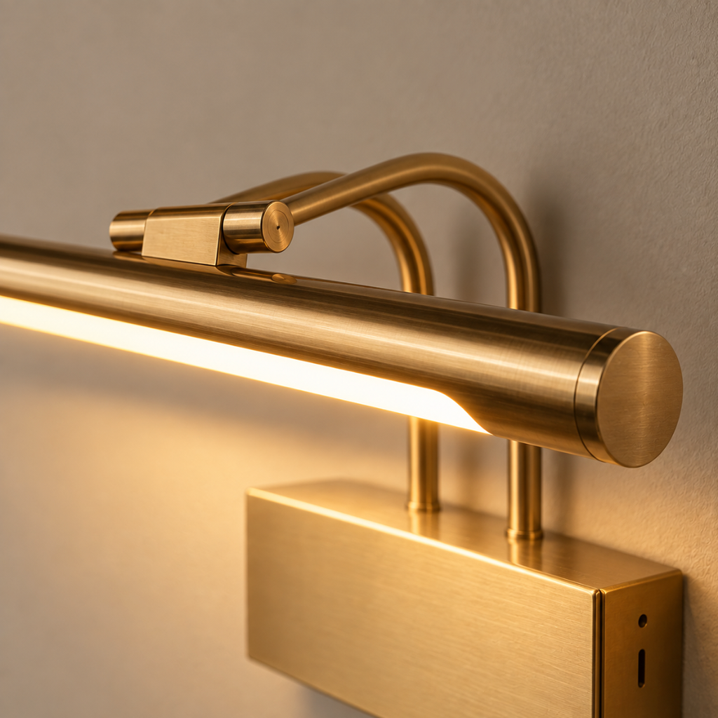Close-up of the Arden brushed gold light bar, pivot joint and curved arms