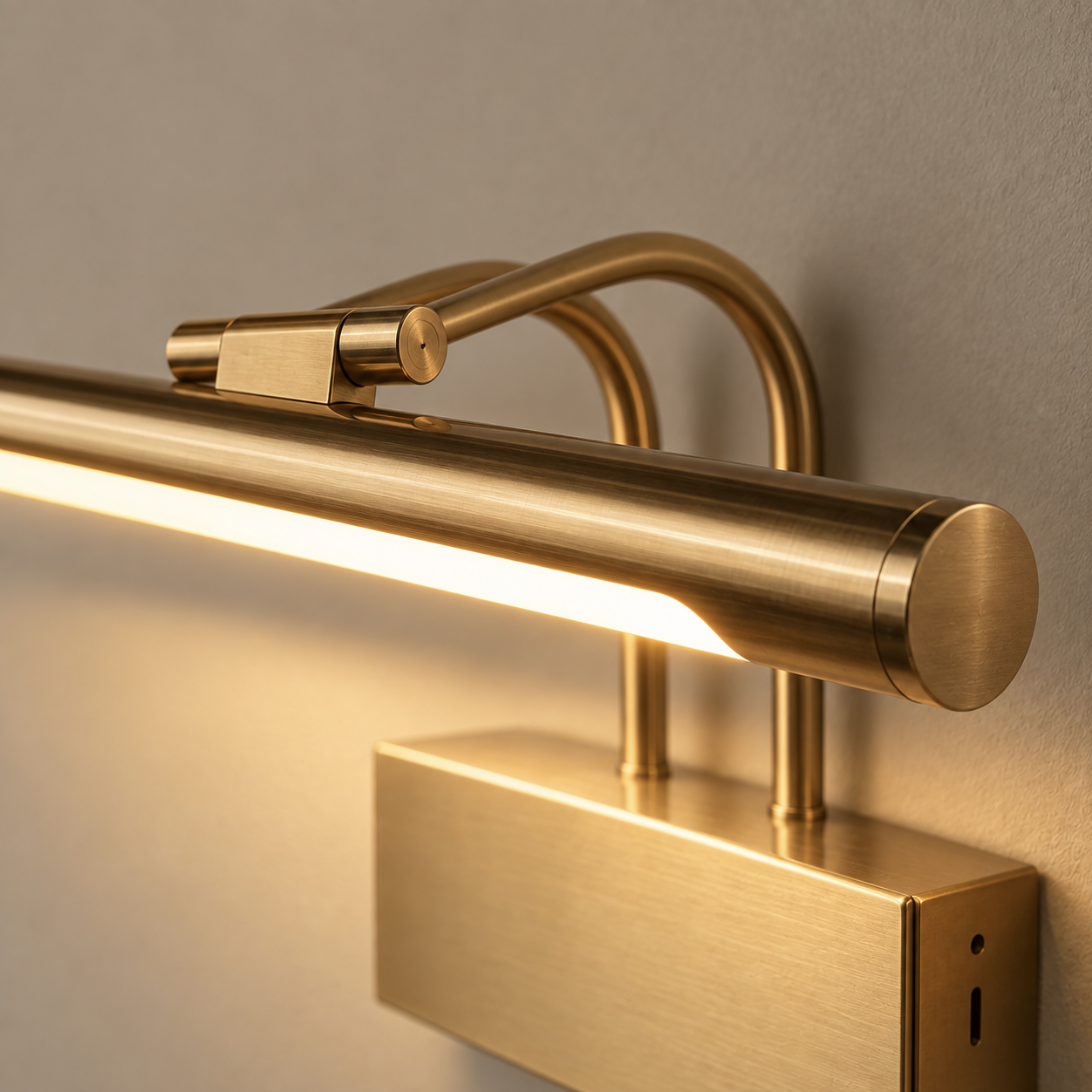 Close-up of the Arden brushed gold light bar, pivot joint and curved arms