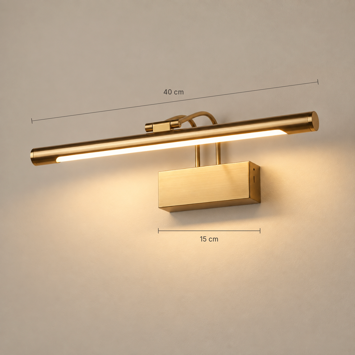 Arden picture light in gold – dimensions: 40 cm light bar, 15 cm base