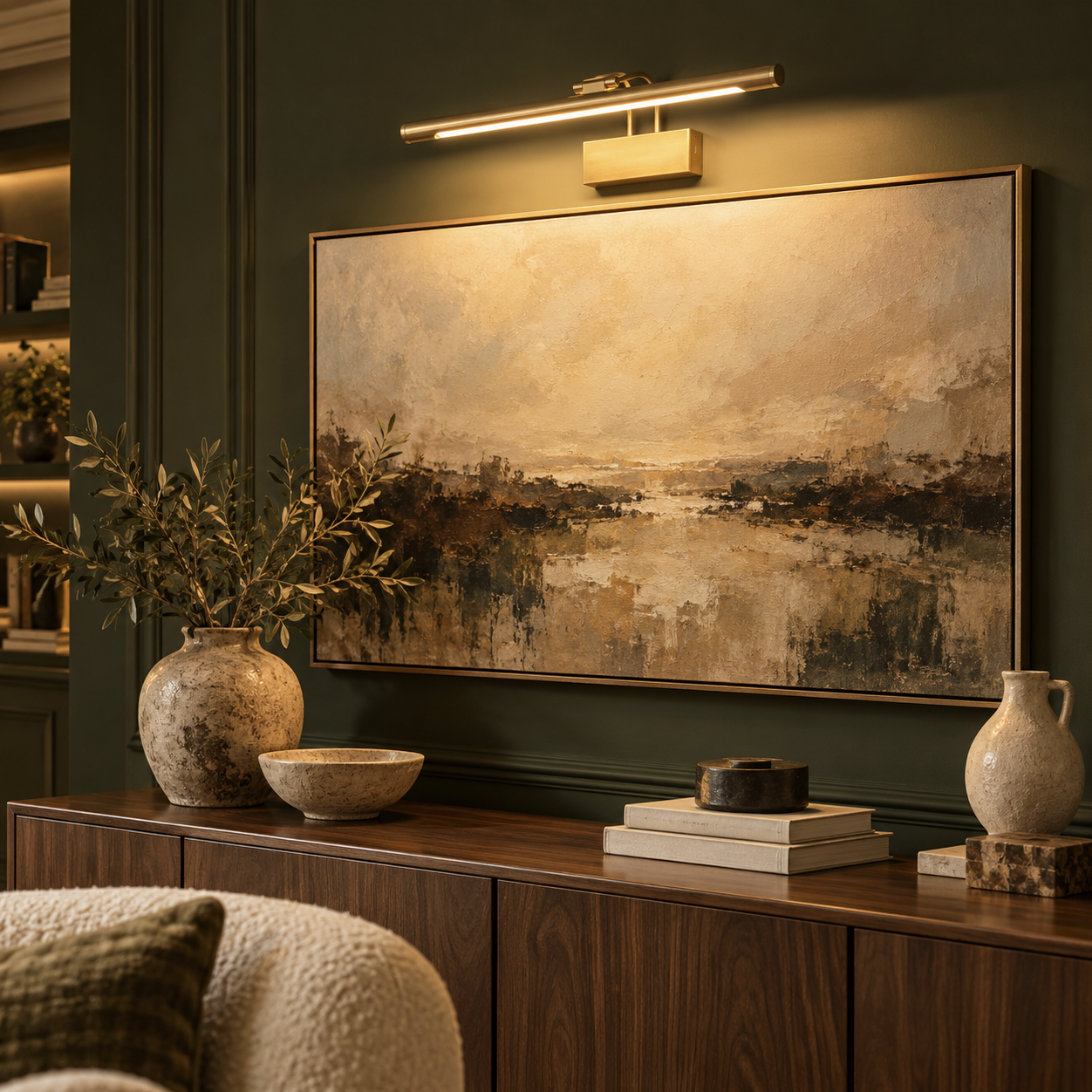 Arden rechargeable brushed gold picture light above an oil painting on a dark green wall