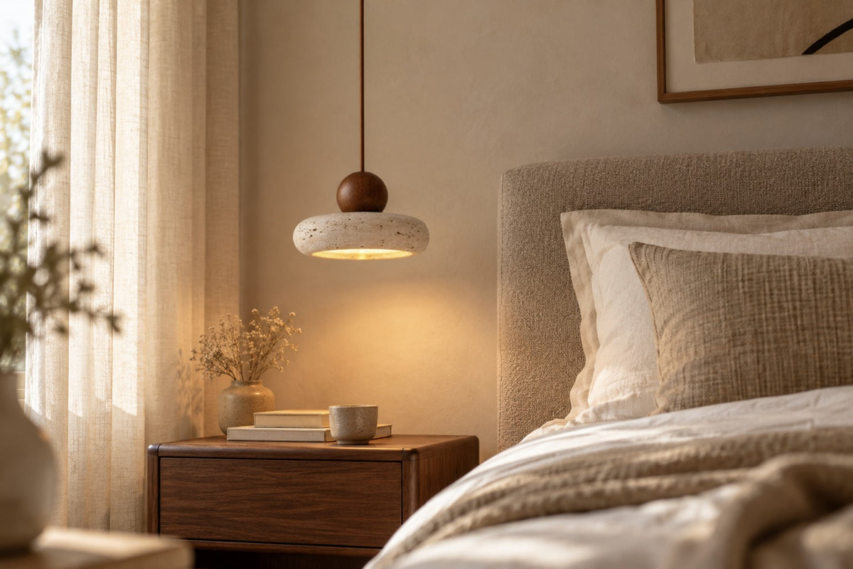 Aurelia stone and walnut pendant hanging beside a bed