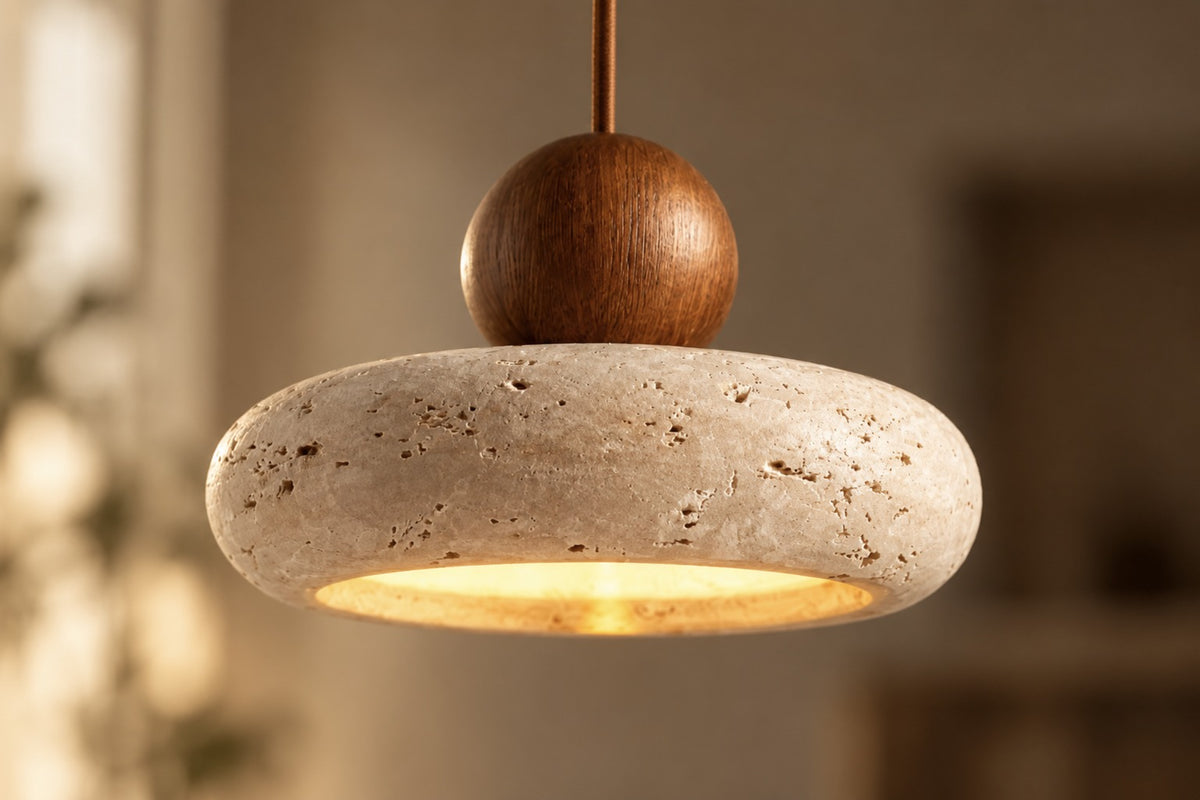 Close-up of the Aurelia stone disc and walnut-tone sphere, lit from below