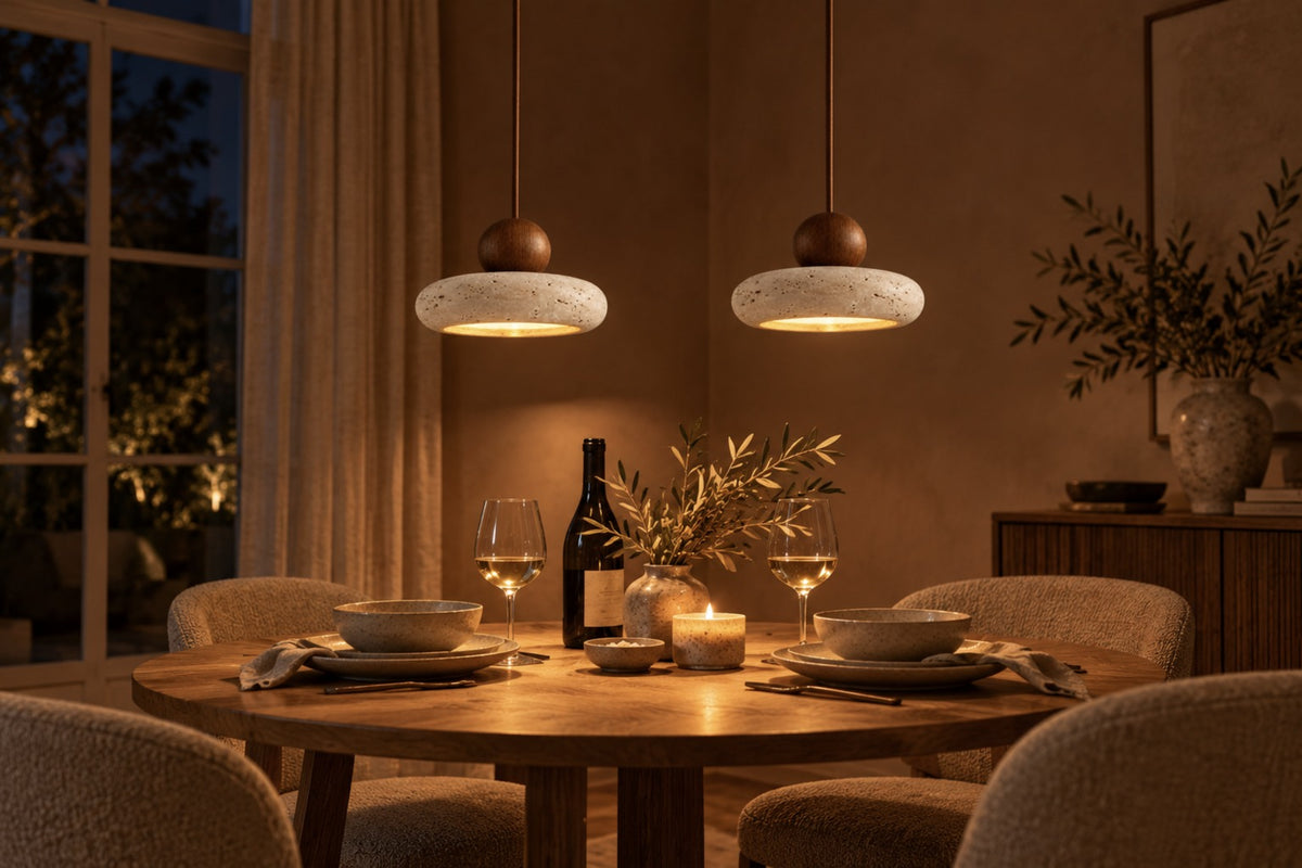 Pair of Aurelia pendants glowing over a round dining table at night