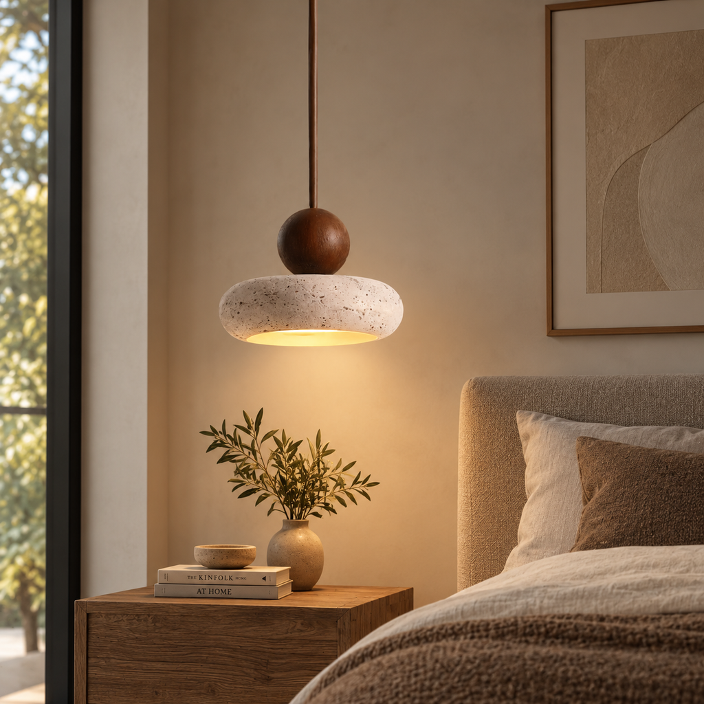 Aurelia stone and walnut pendant light beside a bed