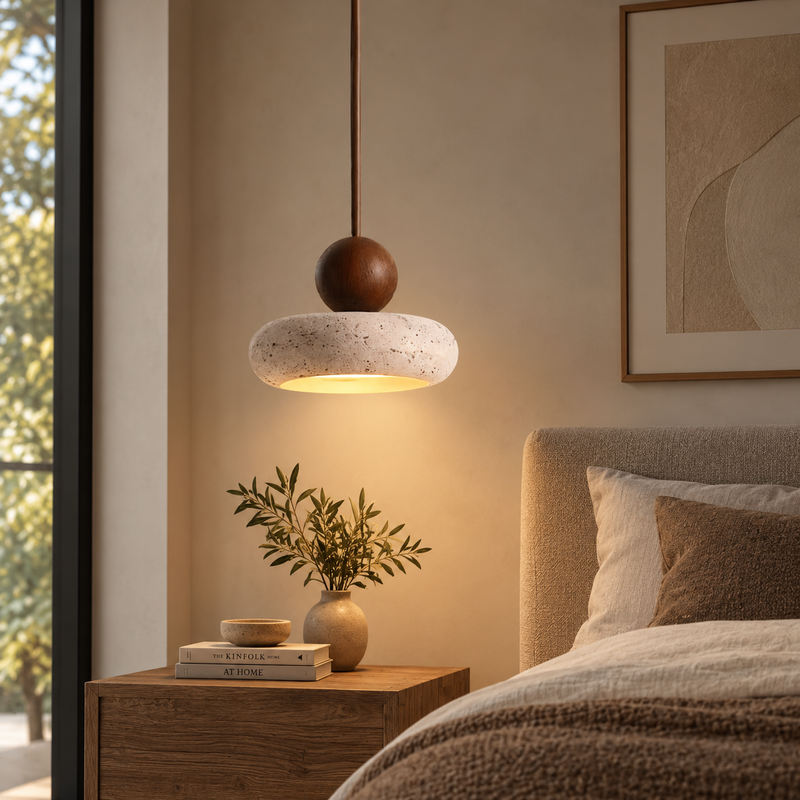 Stone & Walnut Wood Pendant Light, Japandi – Aurelia