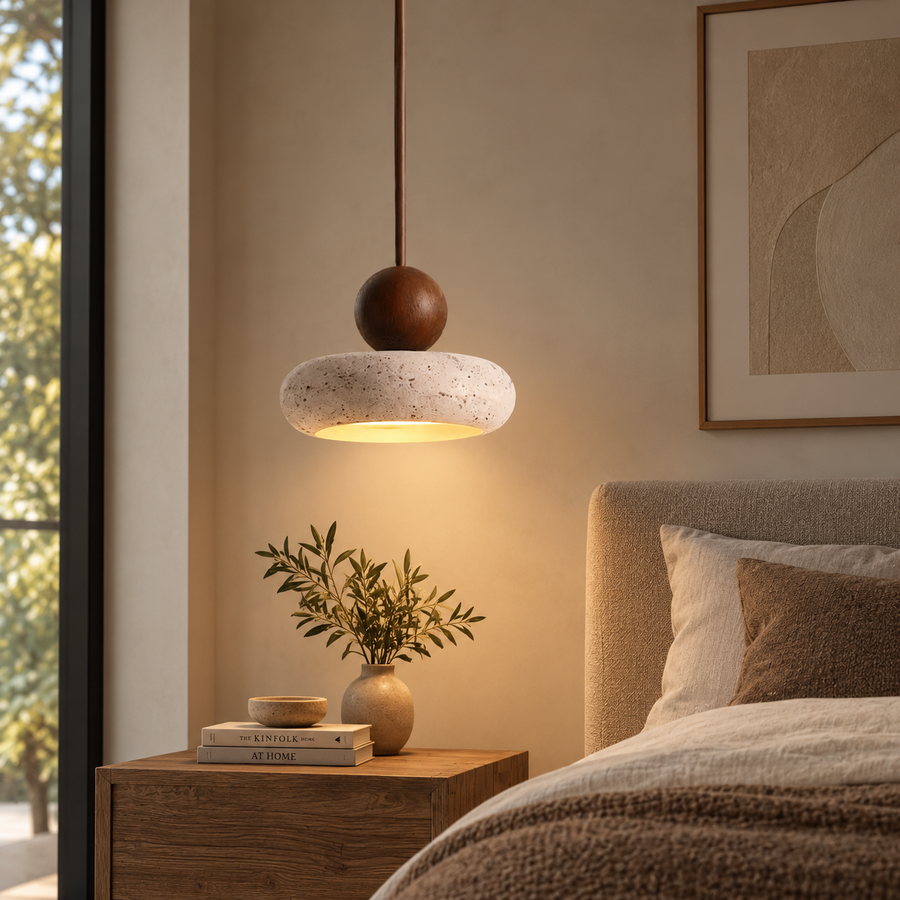 Stone & Walnut Wood Pendant Light, Japandi – Aurelia