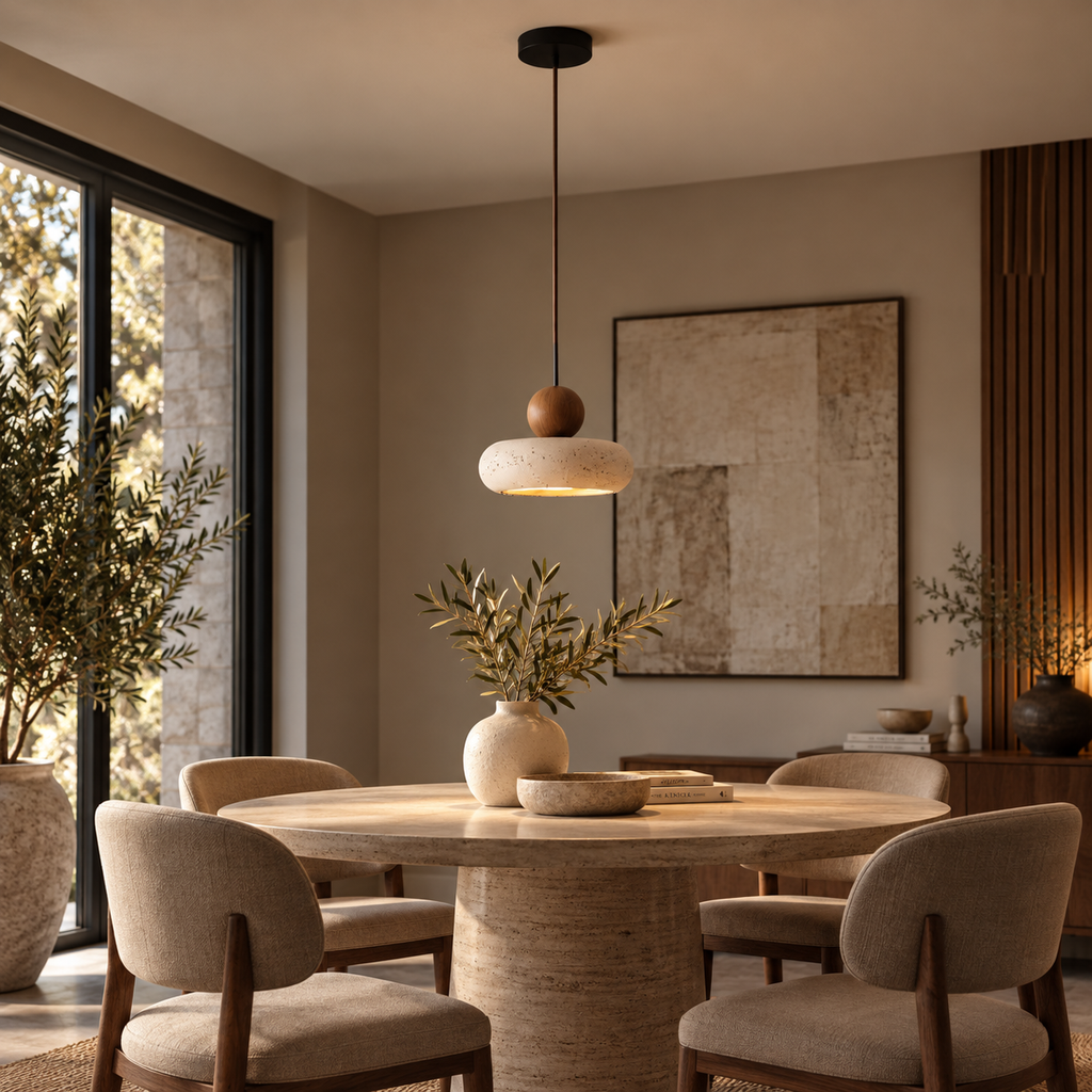 Aurelia stone and walnut pendant light over a dining table