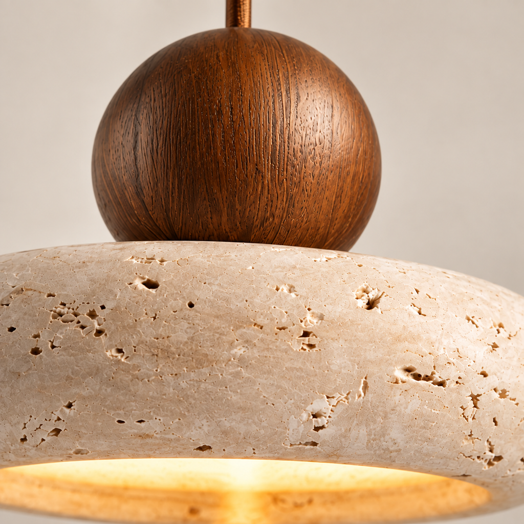 Close-up of the Aurelia porous natural stone and walnut-tone wooden sphere