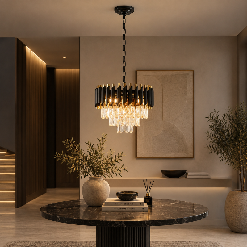 Crystal Chandelier 40 cm, 3-Tier Black & Gold – Aurevon