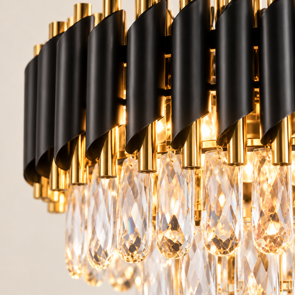 Close-up of the Aurevon black and gold crown and K9 crystal drops